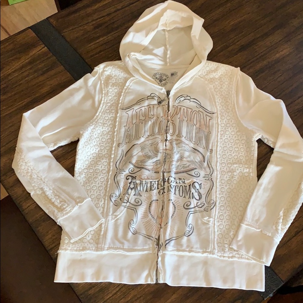Affliction hooded, zip front